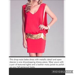 Bebe coral red gold sequin open sleeve V-neck mini dress Sz S